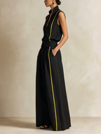 Black & Neon Yellow Linen-Blend Sleeveless Vest & Wide-Leg Pant Set