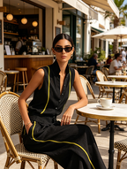 Black & Neon Yellow Linen-Blend Sleeveless Vest & Wide-Leg Pant Set