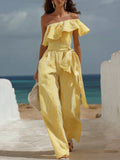 Tropical Beach Yellow Stripe Linen Blend Off Shoulder Ruffle Tie Waist Wide Leg Jumpsuit