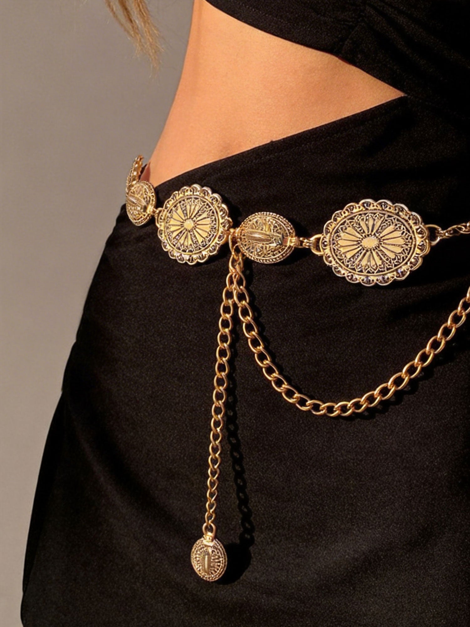 Women's Vintage Gold Concho Chain Belt, Navajo Inspired Western Cowgirl Belt for Country Concert