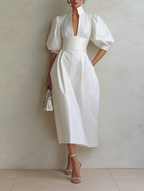 White High-Neck Puff Sleeve Midi Dress