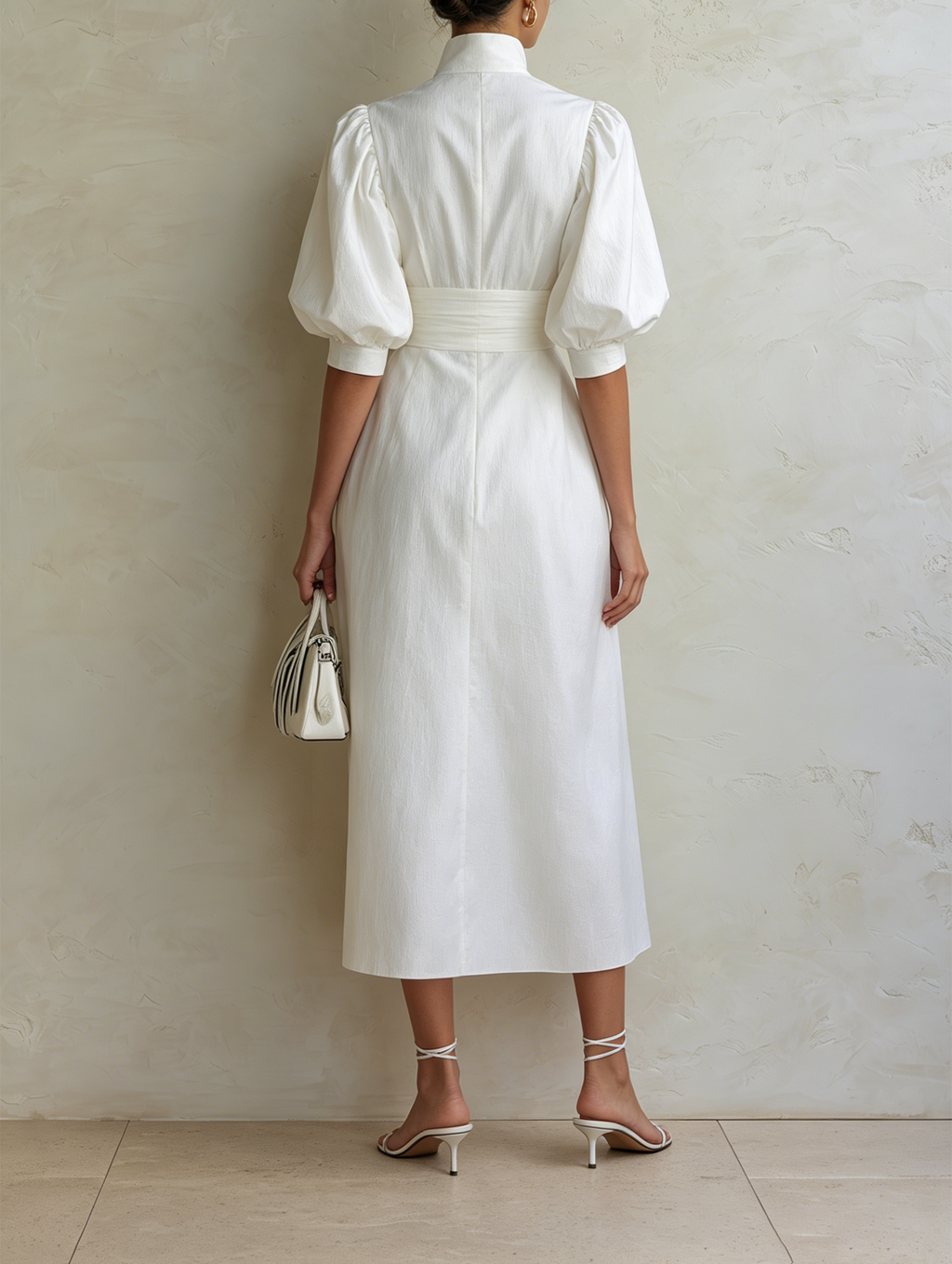 White High-Neck Puff Sleeve Midi Dress