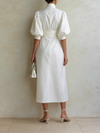 White High-Neck Puff Sleeve Midi Dress