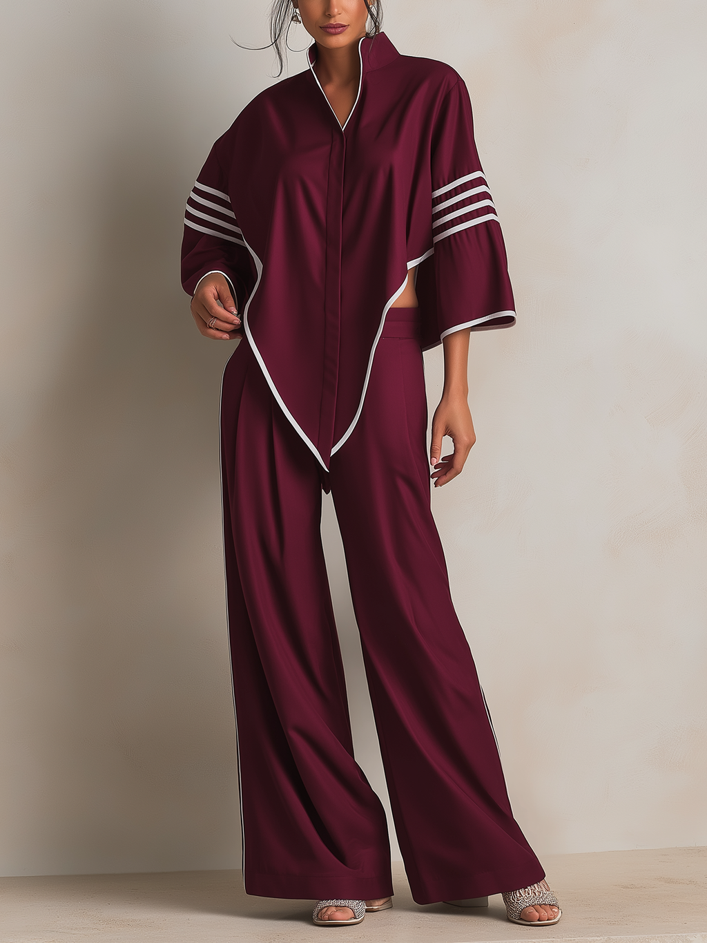 Burgundy Asymmetric Trimmed Top & Wide-Leg Pants Set