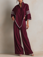 Burgundy Asymmetric Trimmed Top & Wide-Leg Pants Set