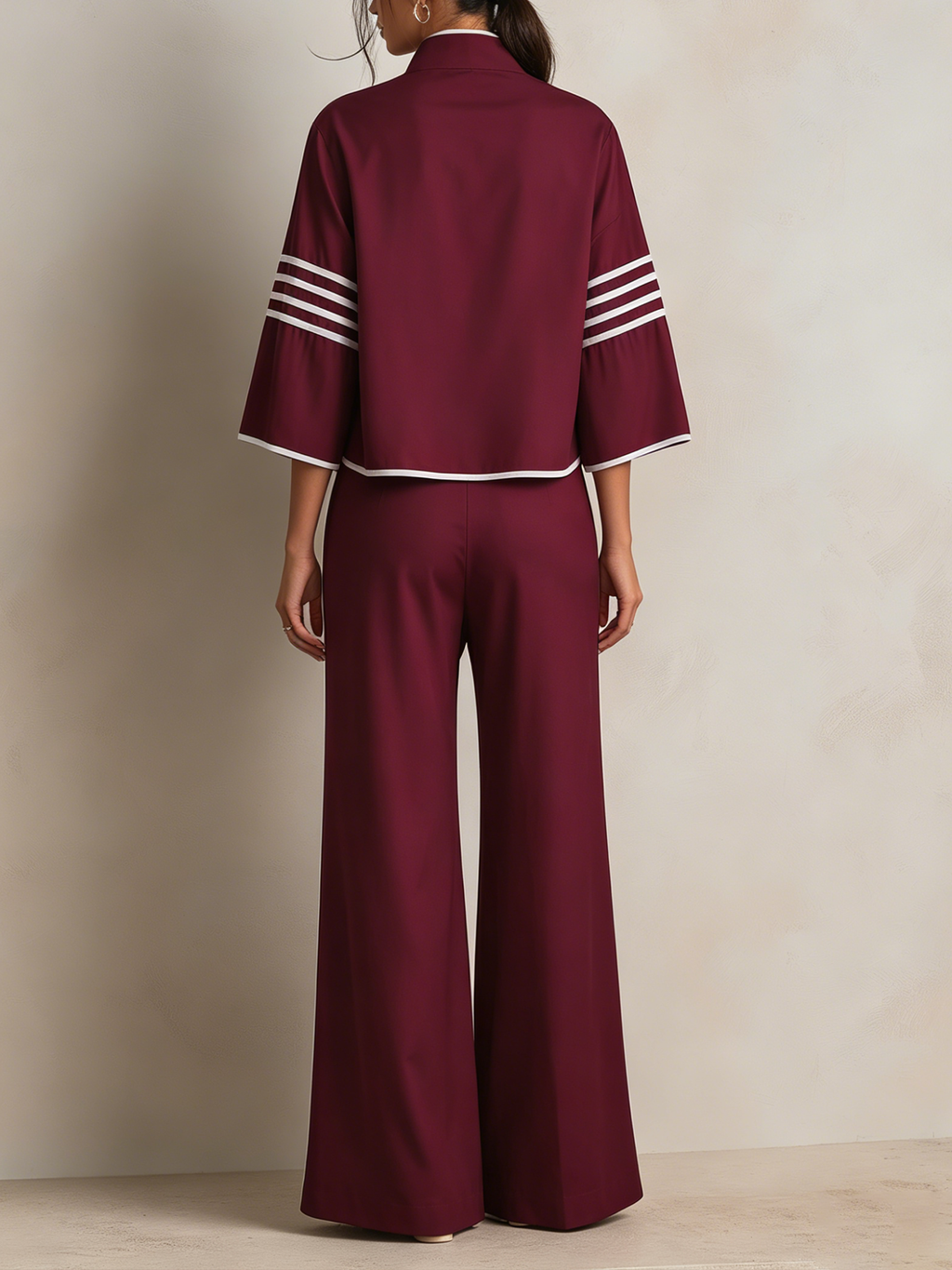 Burgundy Asymmetric Trimmed Top & Wide-Leg Pants Set