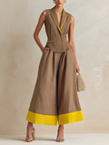 Brown & Yellow Linen Contrast Vest & Wide-Leg Culotte Set