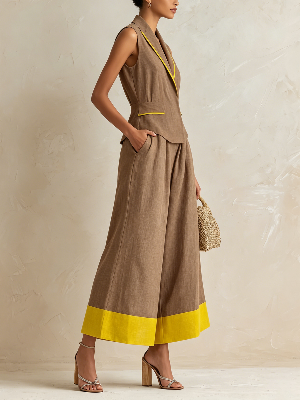 Brown & Yellow Linen Contrast Vest & Wide-Leg Culotte Set