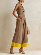 Brown & Yellow Linen Contrast Vest & Wide-Leg Culotte Set