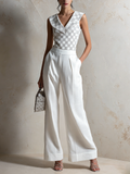 Checkered Lapel Sleeveless Top & High Waist Wide Leg Pants Two-Piece Set