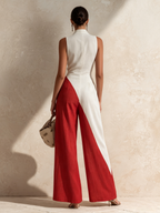Two-Tone Color Block Wrap V-Neck Linen Wide-Leg Jumpsuit