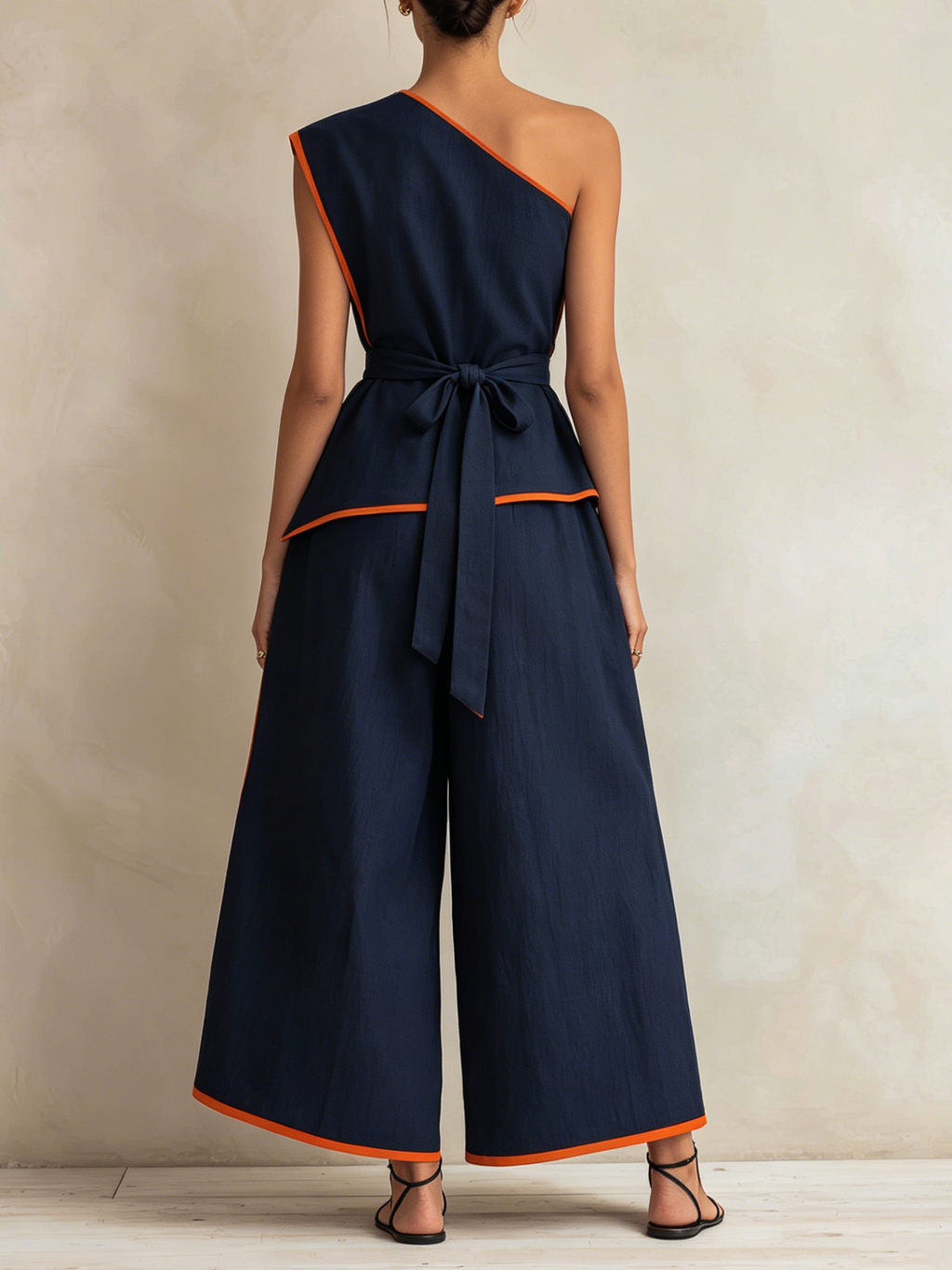 Asymmetric One-Shoulder Contrast Orange Piping Belted Wide Leg Two-Piece Set