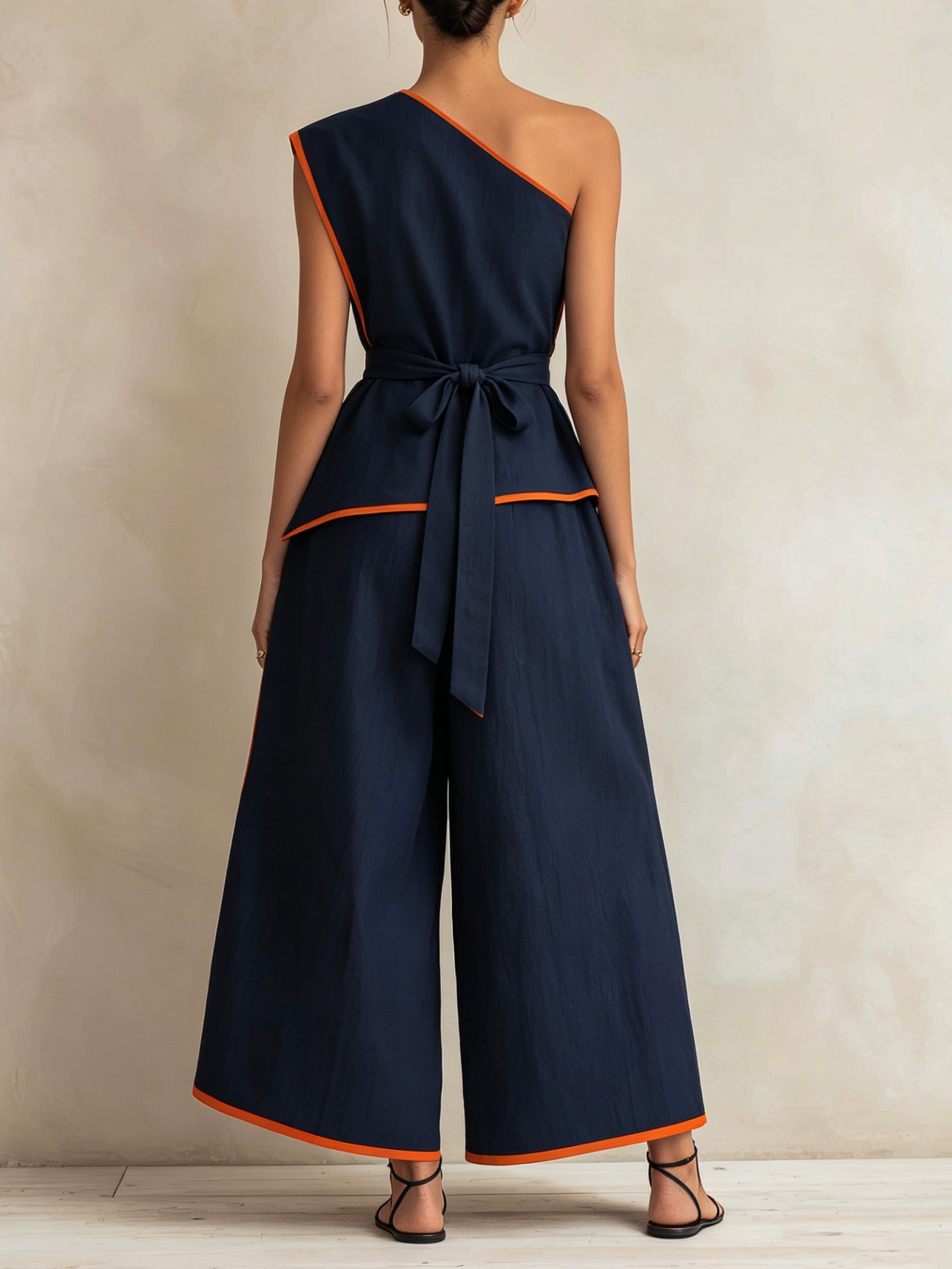 Asymmetric One-Shoulder Contrast Orange Piping Belted Wide Leg Two-Piece Set