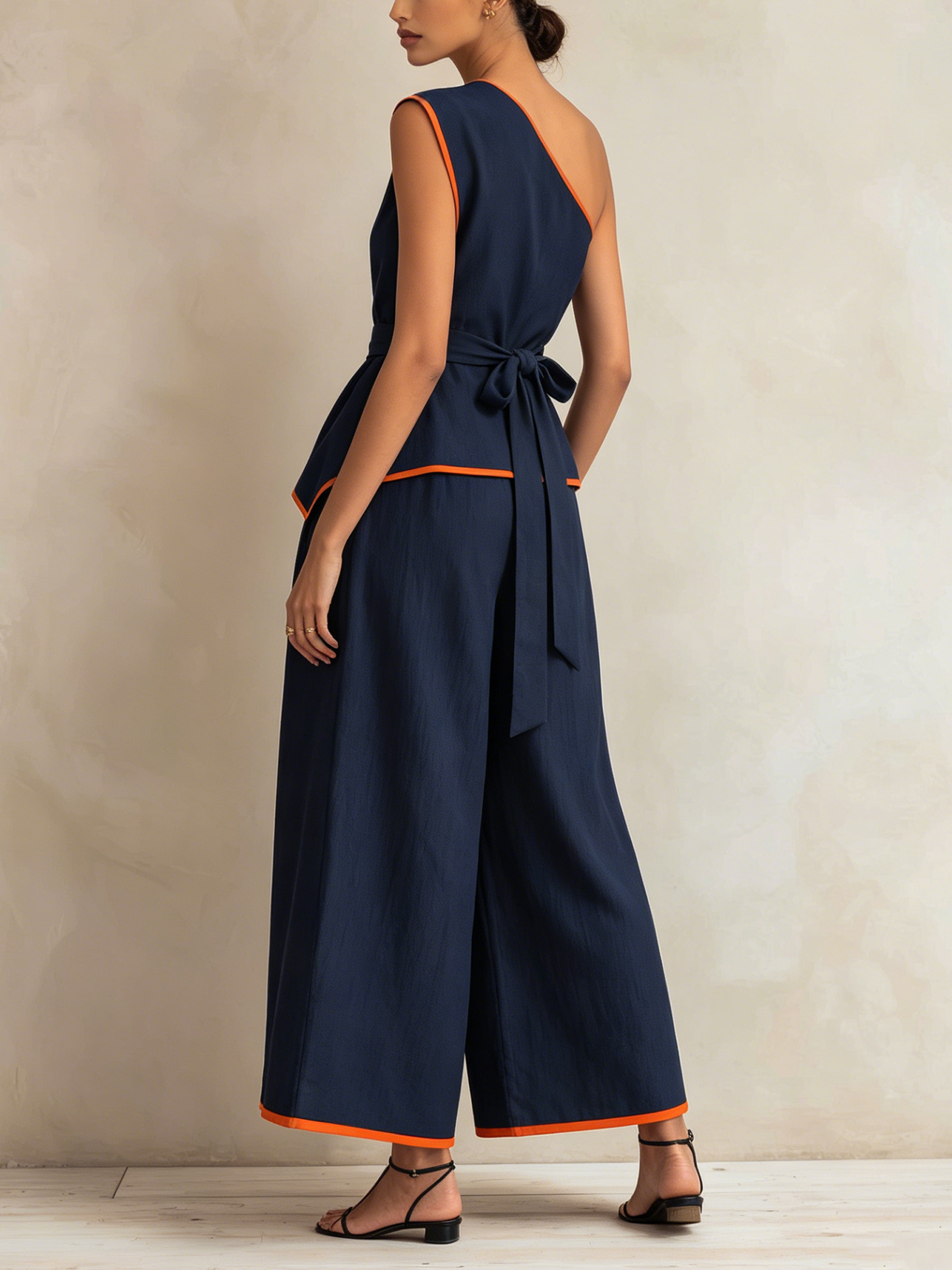 Asymmetric One-Shoulder Contrast Orange Piping Belted Wide Leg Two-Piece Set