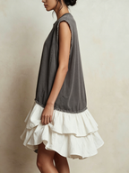Contrast Raw Edge Tiered Ruffle Hem Sleeveless Mini Dress | Color Block Casual Loose Fit Vacation Dress