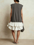 Contrast Raw Edge Tiered Ruffle Hem Sleeveless Mini Dress | Color Block Casual Loose Fit Vacation Dress