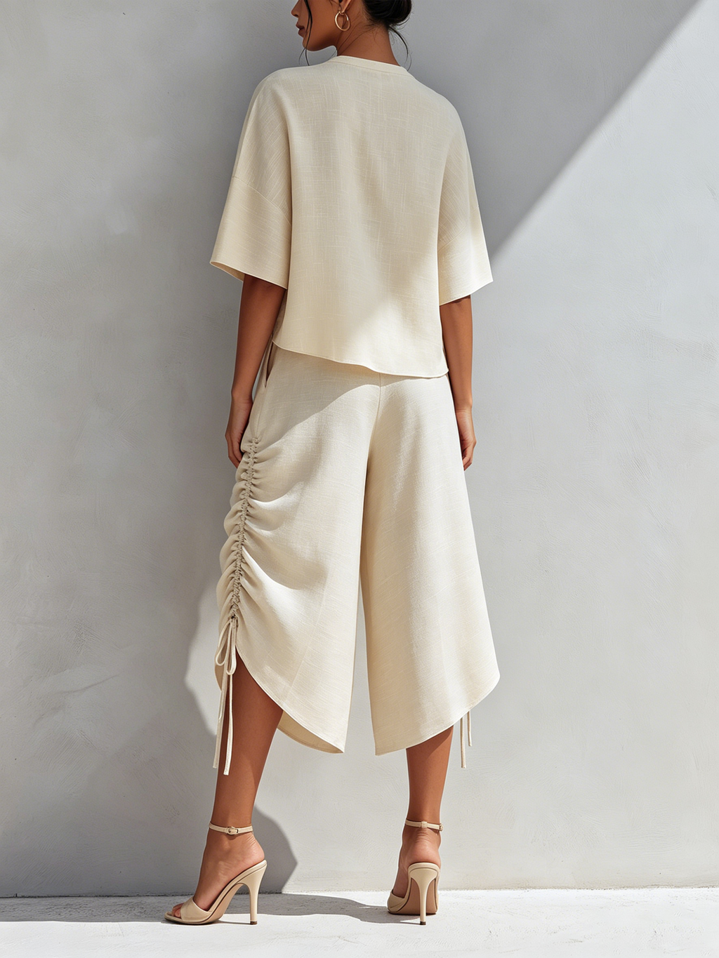 Irregular Cutout Linen Blend Top & Side Drawstring Ruched Asymmetric Culotte Two-Piece Resort Set
