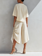 Irregular Cutout Linen Blend Top & Side Drawstring Ruched Asymmetric Culotte Two-Piece Resort Set