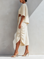 Irregular Cutout Linen Blend Top & Side Drawstring Ruched Asymmetric Culotte Two-Piece Resort Set