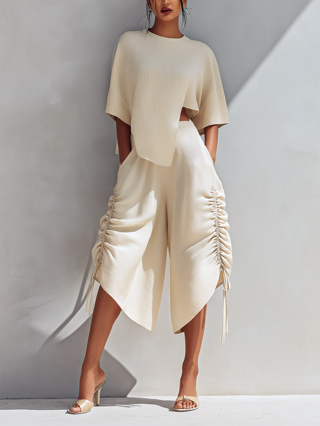 Irregular Cutout Linen Blend Top & Side Drawstring Ruched Asymmetric Culotte Two-Piece Resort Set