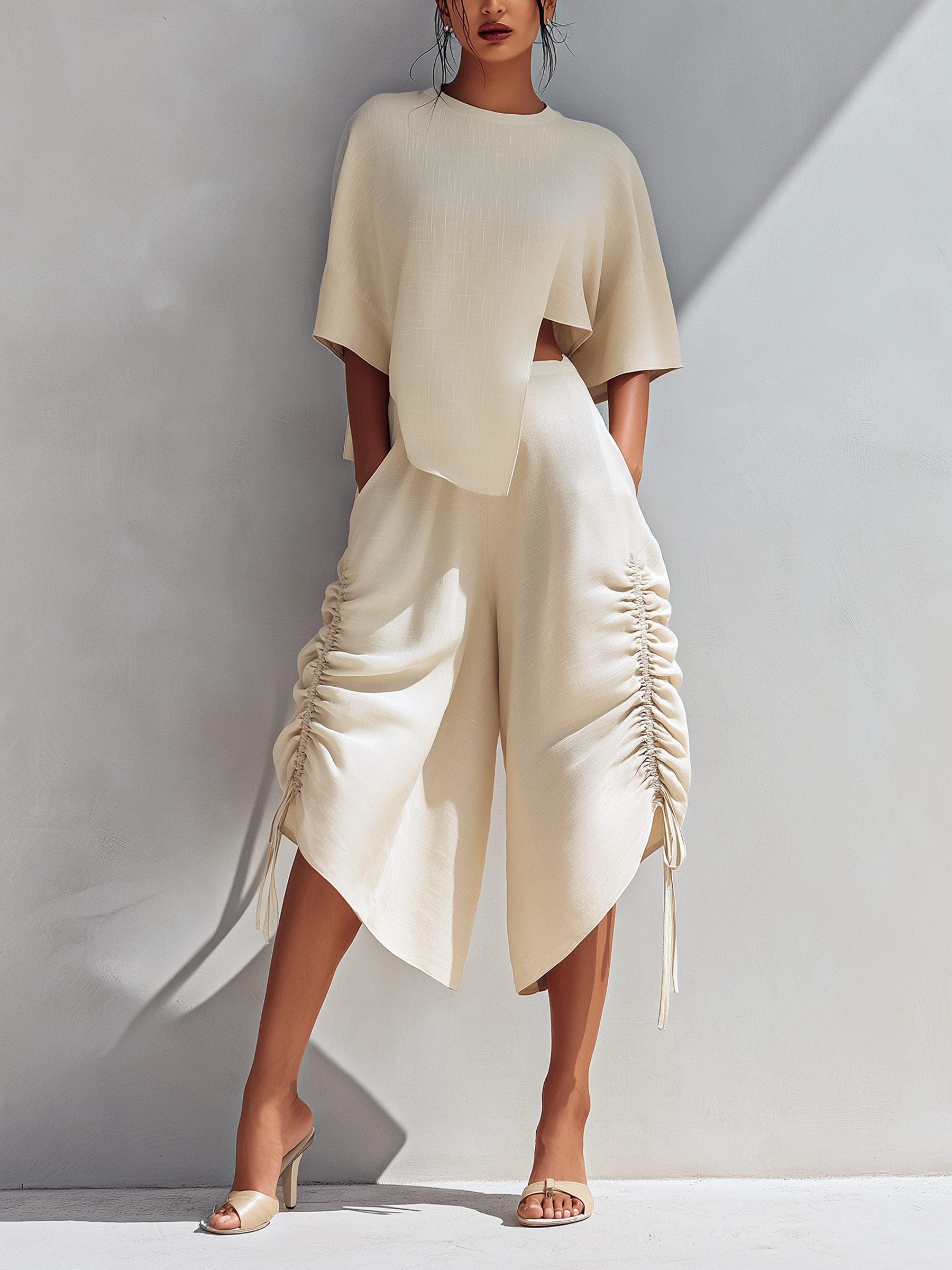 Irregular Cutout Linen Blend Top & Side Drawstring Ruched Asymmetric Culotte Two-Piece Resort Set