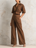 Collared Short Sleeve Cropped Shirt & Elastic High Waist Wide Leg Pants 2-Piece Casual Set