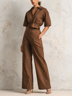 Collared Short Sleeve Cropped Shirt & Elastic High Waist Wide Leg Pants 2-Piece Casual Set