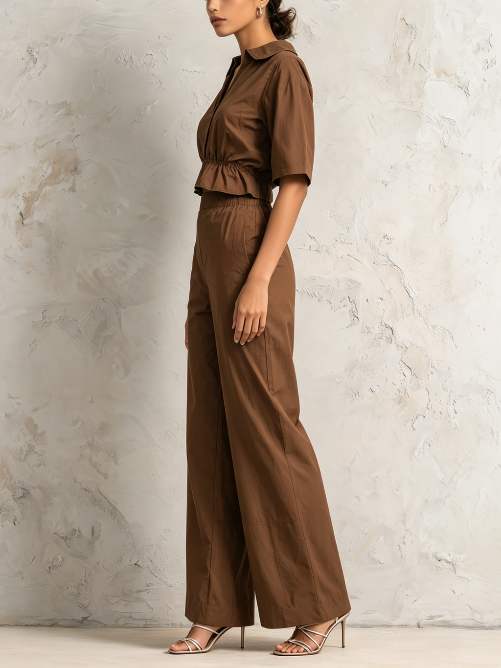 Collared Short Sleeve Cropped Shirt & Elastic High Waist Wide Leg Pants 2-Piece Casual Set
