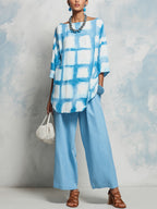 Blue Tie-Dye 2-Piece Set: Loose Tunic & Wide-Leg Pants
