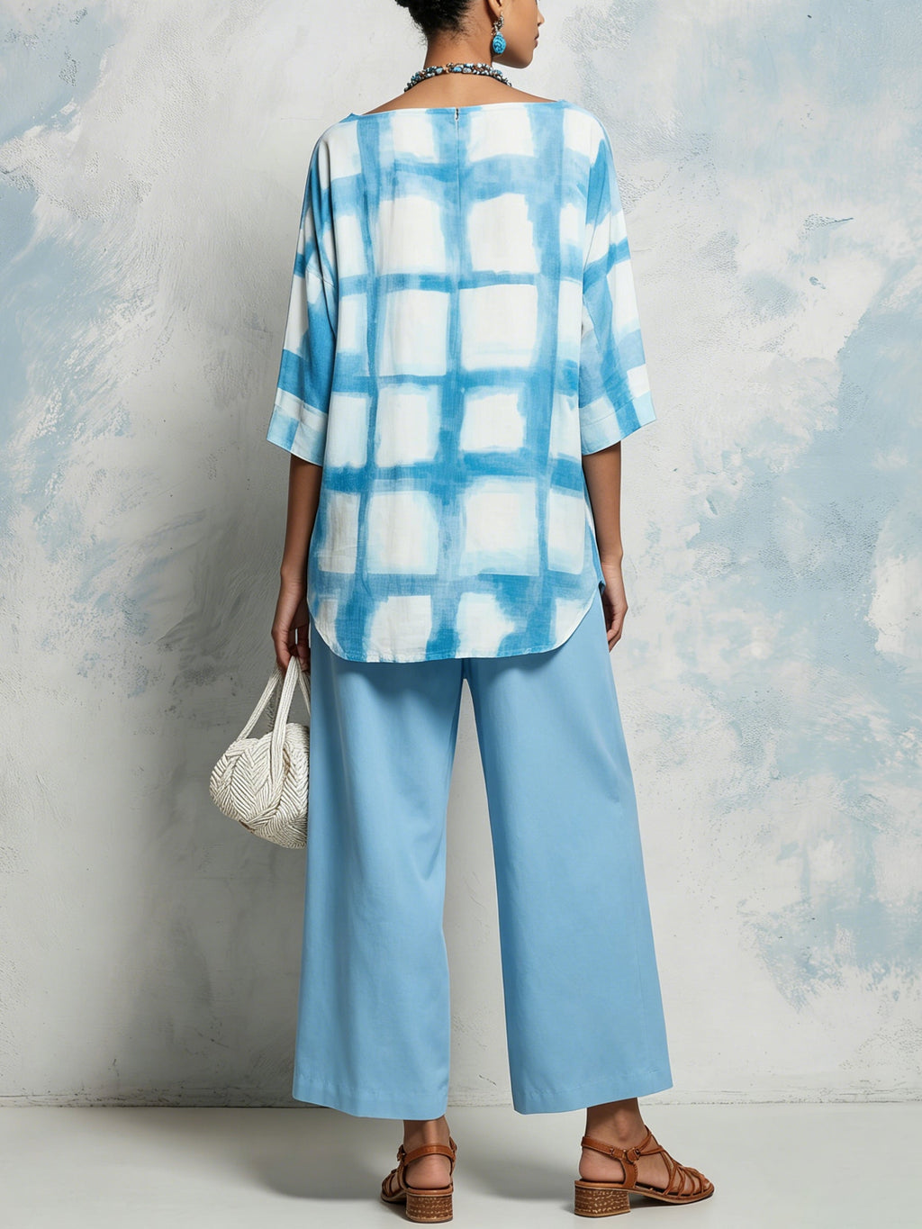 Blue Tie-Dye 2-Piece Set: Loose Tunic & Wide-Leg Pants