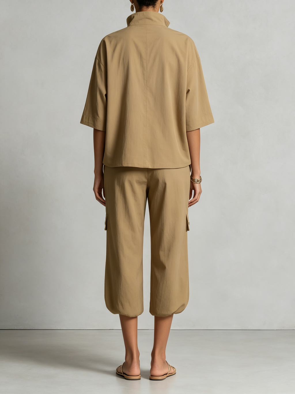 Khaki Half Zip Stand Collar Cargo Two-Piece Set