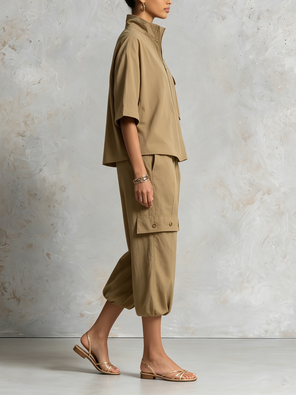 Khaki Half Zip Stand Collar Cargo Two-Piece Set