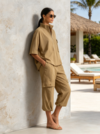 Khaki Half Zip Stand Collar Cargo Two-Piece Set