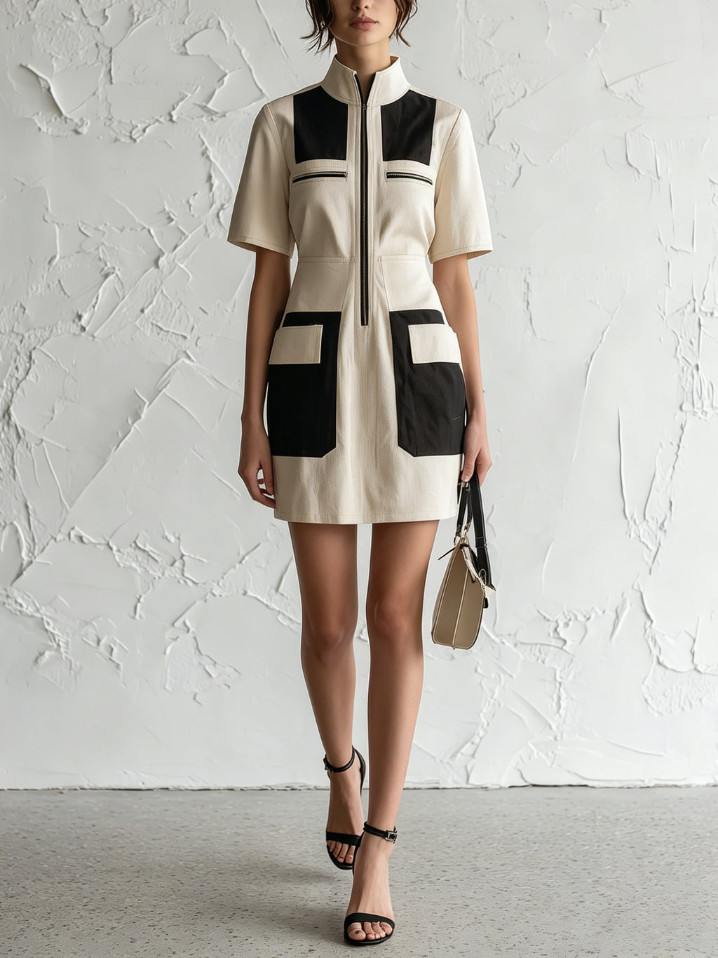 Contrast Pocket Zip-Up Mini Dress – Modern Utility Chic Dress For Women