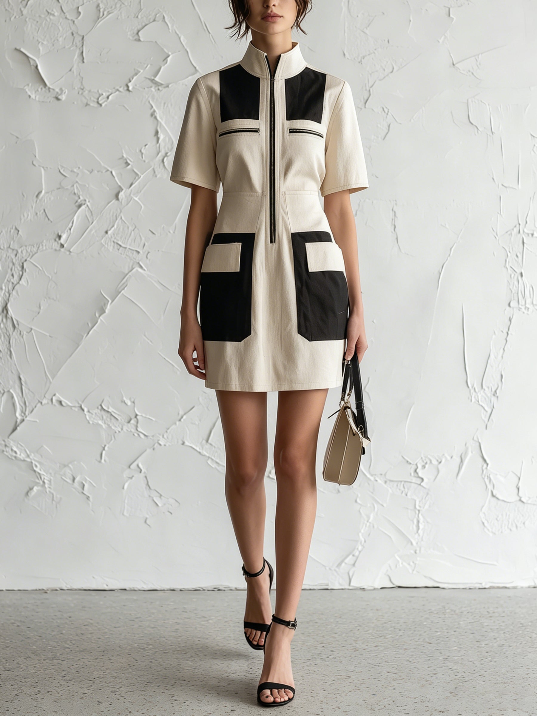 Contrast Pocket Zip-Up Mini Dress – Modern Utility Chic Dress For Women