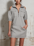 Grey Cut-Out Shoulder Half Zip Sweatshirt Mini Dress With Raw Hem Pocket Detail