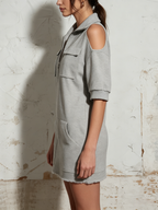 Grey Cut-Out Shoulder Half Zip Sweatshirt Mini Dress With Raw Hem Pocket Detail