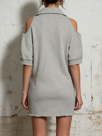 Grey Cut-Out Shoulder Half Zip Sweatshirt Mini Dress With Raw Hem Pocket Detail
