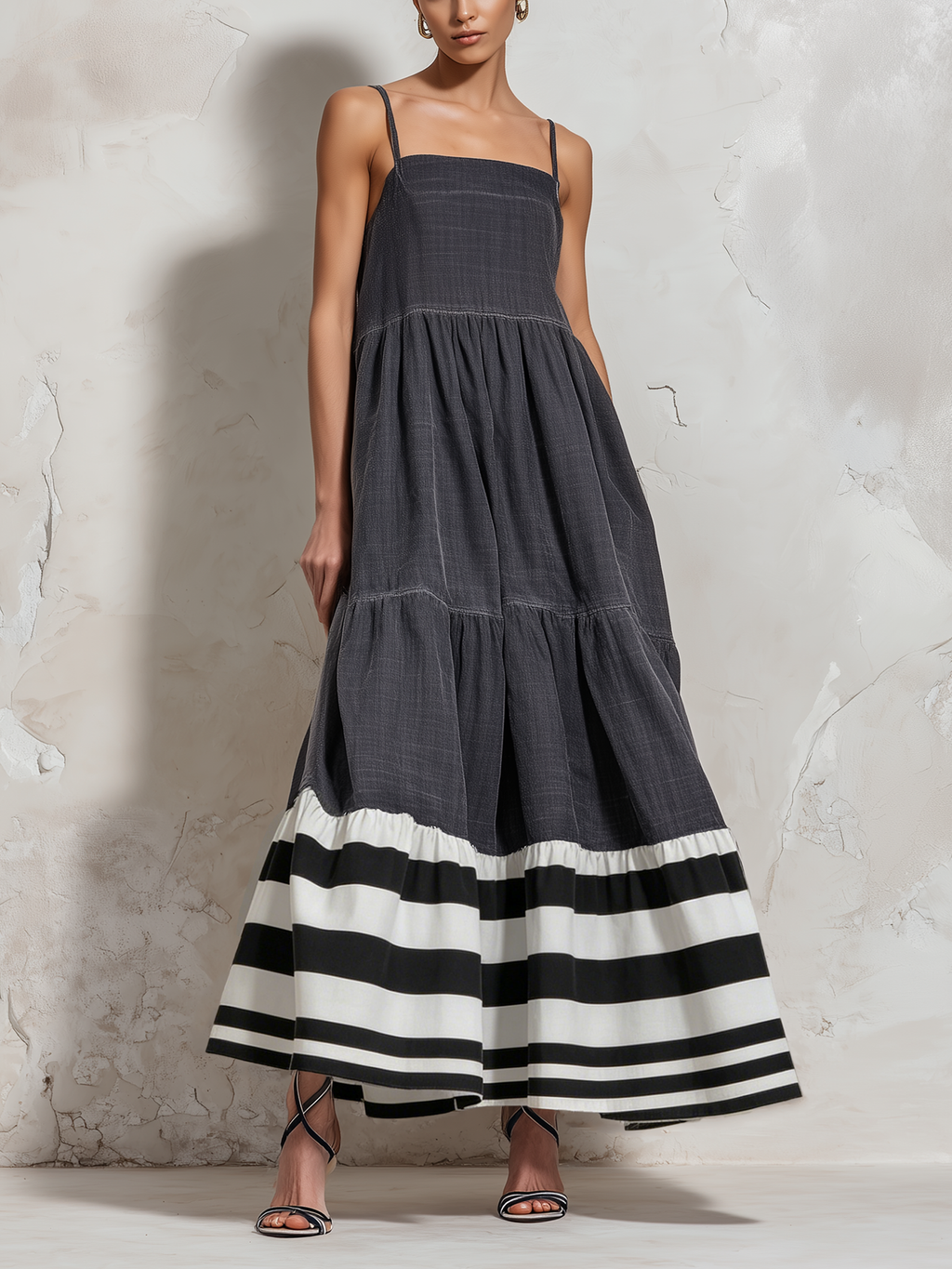 Square Neck Spaghetti Strap Tiered Maxi Dress Bold Black White Stripe Hem Casual Flowy Sundress