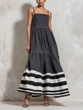 Square Neck Spaghetti Strap Tiered Maxi Dress Bold Black White Stripe Hem Casual Flowy Sundress