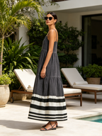 Square Neck Spaghetti Strap Tiered Maxi Dress Bold Black White Stripe Hem Casual Flowy Sundress