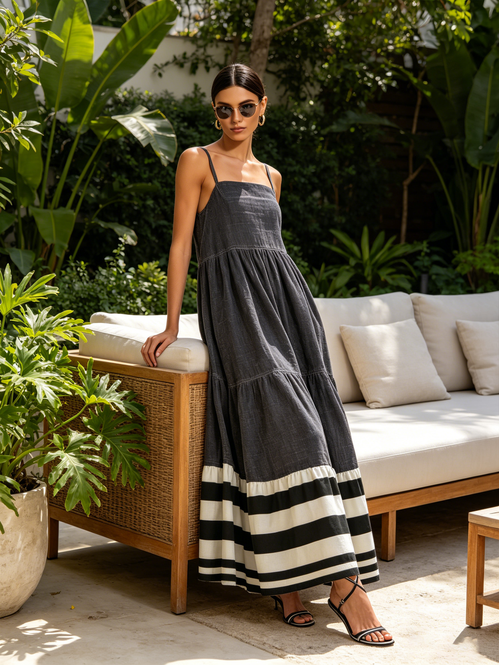 Square Neck Spaghetti Strap Tiered Maxi Dress Bold Black White Stripe Hem Casual Flowy Sundress