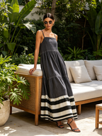 Square Neck Spaghetti Strap Tiered Maxi Dress Bold Black White Stripe Hem Casual Flowy Sundress