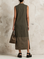 Olive Sleeveless Zip Front Midi Dress Contrast Striped Hem Linen Blend Casual Shift Dress