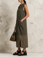 Olive Sleeveless Zip Front Midi Dress Contrast Striped Hem Linen Blend Casual Shift Dress