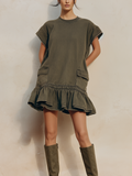 Oversized Cap Sleeve Cargo Ruffle Hem Sweat Mini Dress