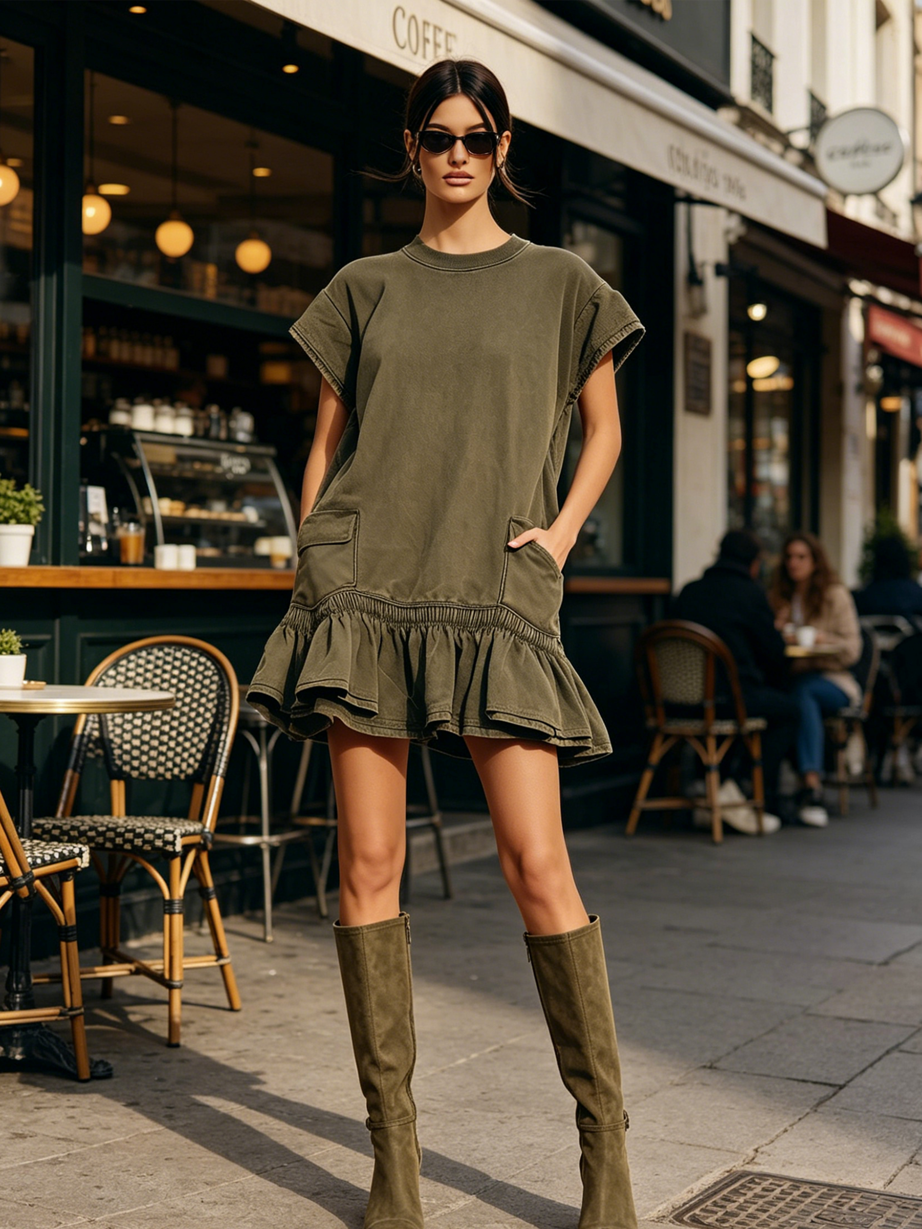 Oversized Cap Sleeve Cargo Ruffle Hem Sweat Mini Dress