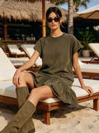 Oversized Cap Sleeve Cargo Ruffle Hem Sweat Mini Dress