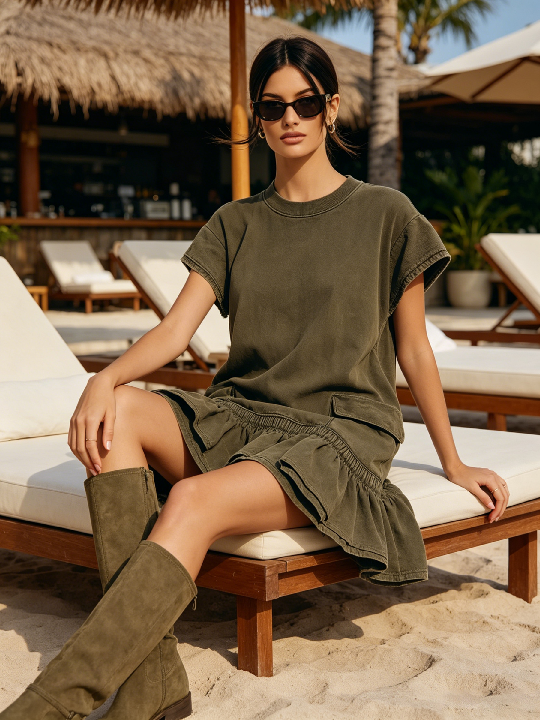 Oversized Cap Sleeve Cargo Ruffle Hem Sweat Mini Dress