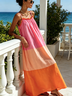 Pink Peach Orange Color Block Spaghetti Strap Tiered Maxi Dress